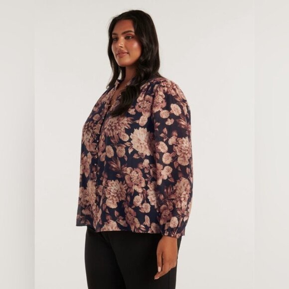 NWT EVER NEW Amelia Curve black peony Printed Button-Down Blouse 18 - Picture 15 of 16